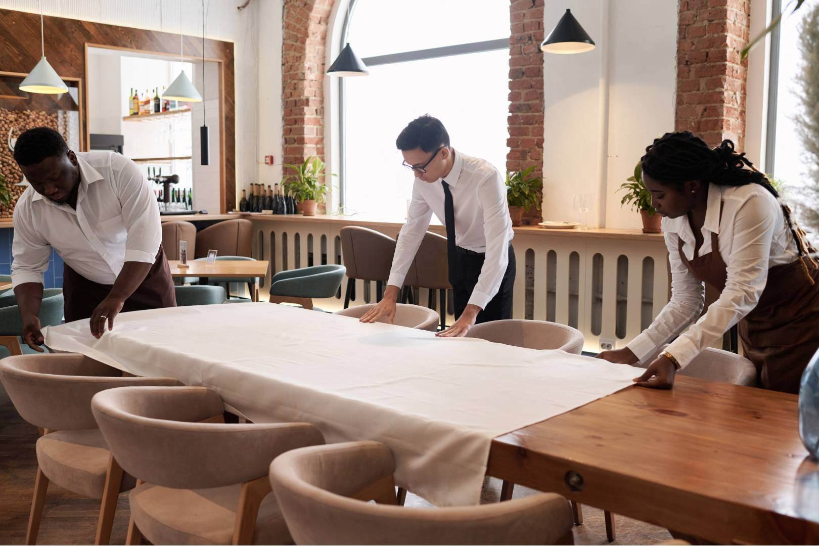 Restaurant employees preparing for the evening